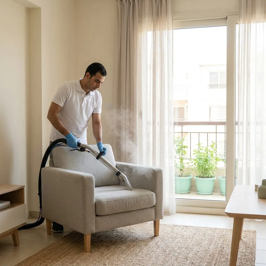 Professional upholstery cleaning in a bright home